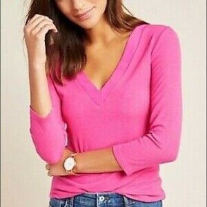MOVING SALE Anthropologie Ribbed V-neck Shirt Blouse Pink XS